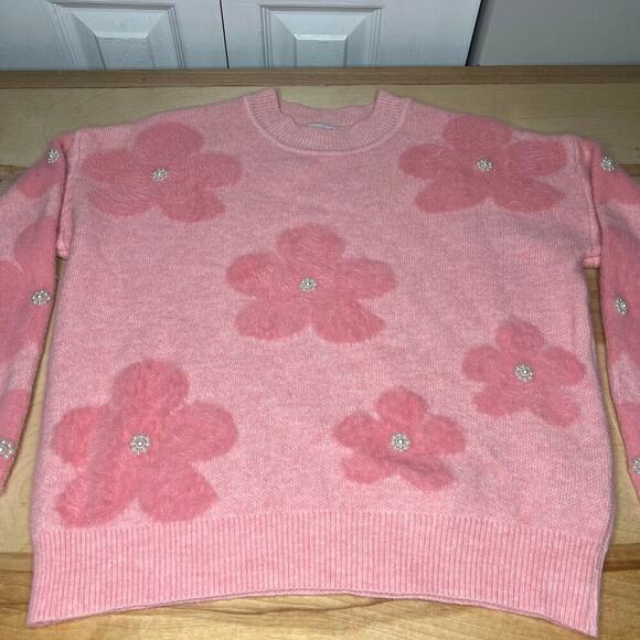 Nanette Lepore Soft Pink Fuzzy Flower & Pearl Crew Neck Sweater Size Small - Picture 7 of 11